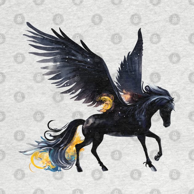 Mythical Fire Pegasus black horse winged flying night watercolor fantasy magical fairy tale illustration by sofiartmedia